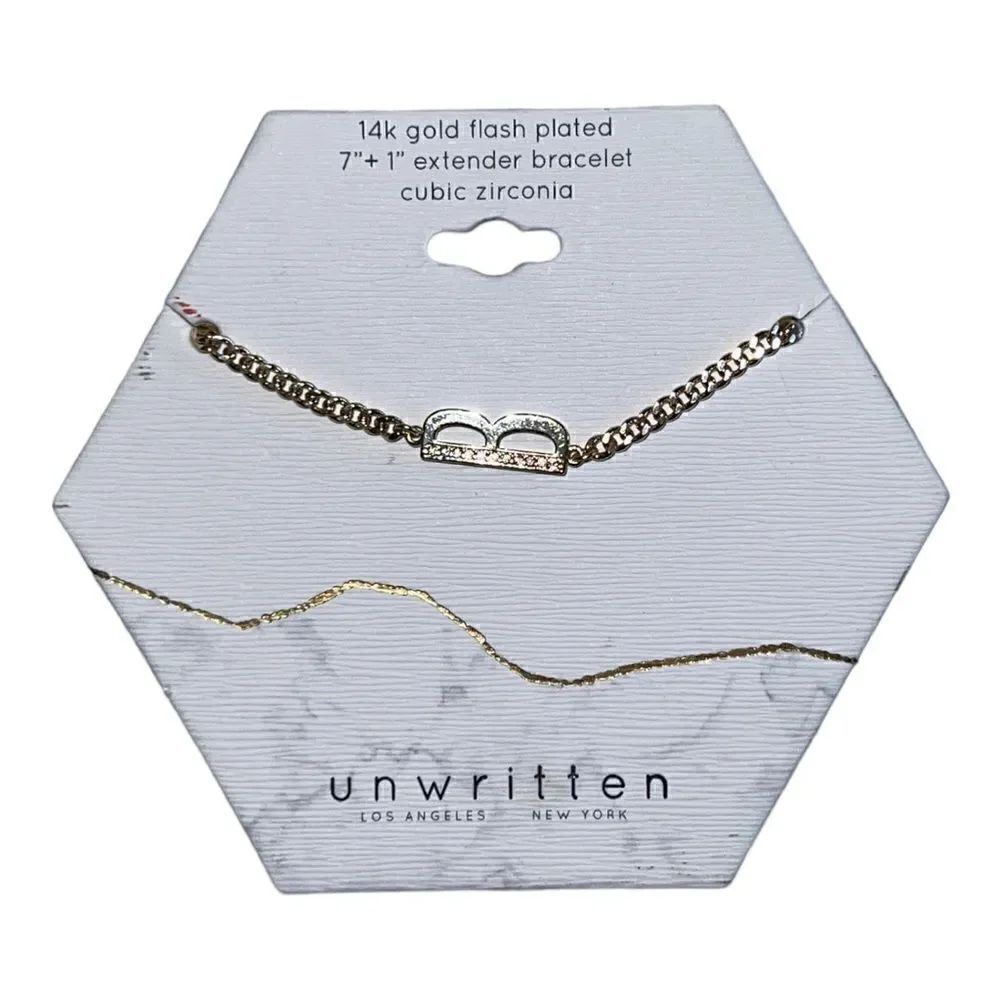 Unwritten Cubic Zirconia Initial Link Bracelet 14K Gold Plated "B" NWT